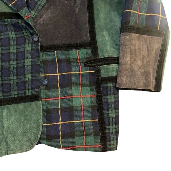 Vintage women 20W Brandon Thomas Plaid Suede Patchwork Blazer Jacket Green Blue - Picture 7 of 12